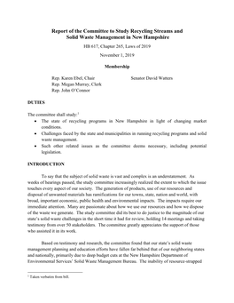 Report of the Committee to Study Recycling Streams and Solid Waste Management in New Hampshire