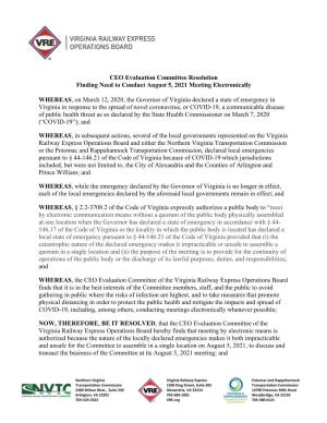 CEO Evaluation Committee Resolution Finding Need to Conduct August 5, 2021 Meeting Electronically