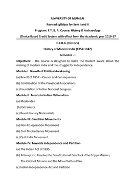 UNIVERSITY of MUMBAI Revised Syllabus for Sem I and II Program: F.Y. B. A. Course: History & Archaeology (Choice Based Credi