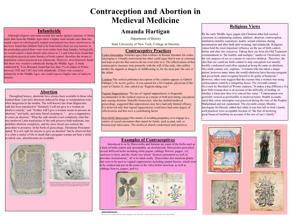 Contraception and Abortion in Medieval Medicine Amanda Hartigan