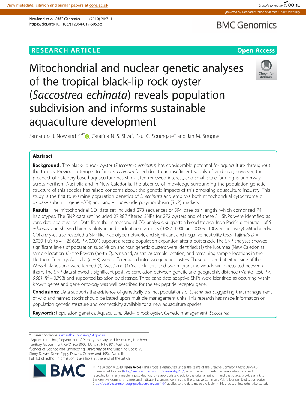 (Saccostrea Echinata) Reveals Population Subdivision and Informs Sustainable Aquaculture Development Samantha J