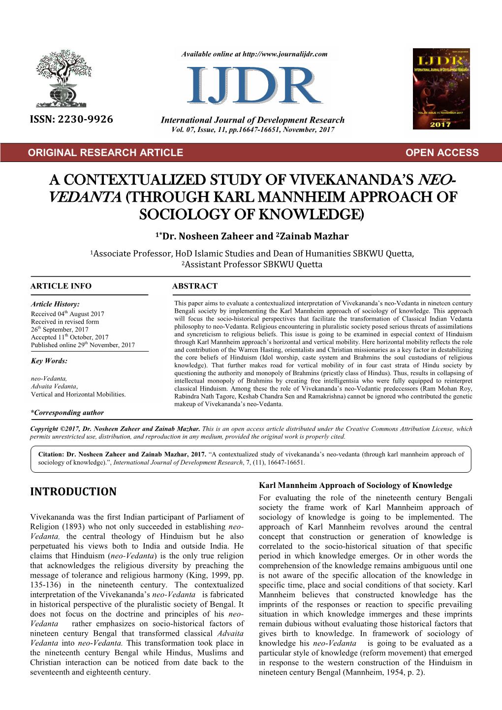 A Contextualized Study of Vivekananda's Neo- Vedanta (Through Karl Mannheim Approach of Sociology of Knowledge)