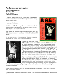 Concert Review) Rag (Fort Lauderdale, FL) December 1980 -Bruce Harmon Photos by Steve Roop
