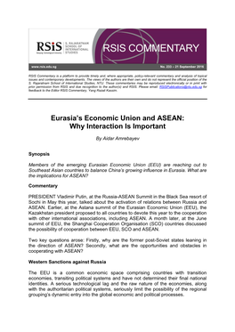 Eurasia's Economic Union and ASEAN: Why Interaction Is Important