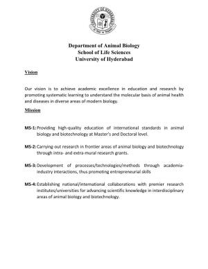 Department of Animal Biology School of Life Sciences University of Hyderabad