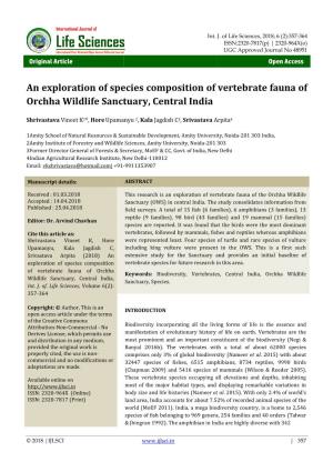 An Exploration of Species Composition of Vertebrate Fauna of Orchha Wildlife Sanctuary, Central India