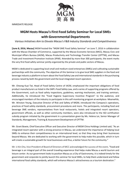 MGM Hosts Macau's First Food Safety Seminar for Local Smes With