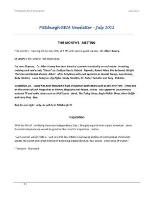 Pittsburgh REIA Newsletter – July 2012 THIS MONTH's MEETING