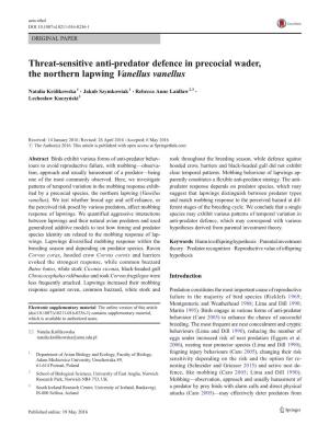 Threat-Sensitive Anti-Predator Defence in Precocial Wader, the Northern Lapwing Vanellus Vanellus