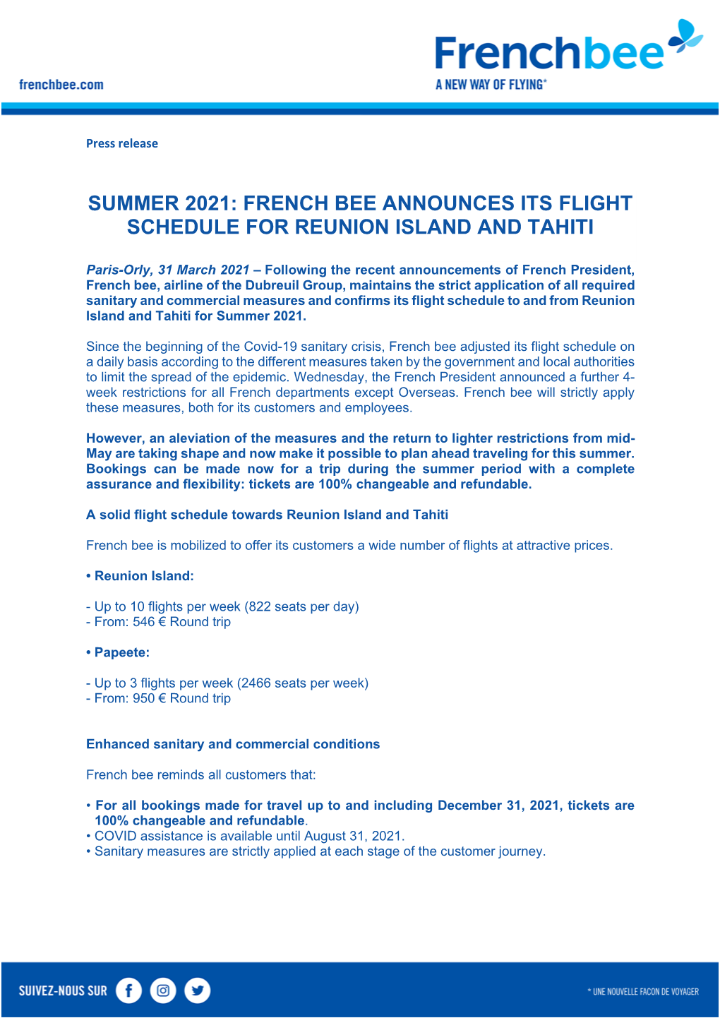 Summer 2021: French Bee Announces Its Flight Schedule for Reunion Island and Tahiti