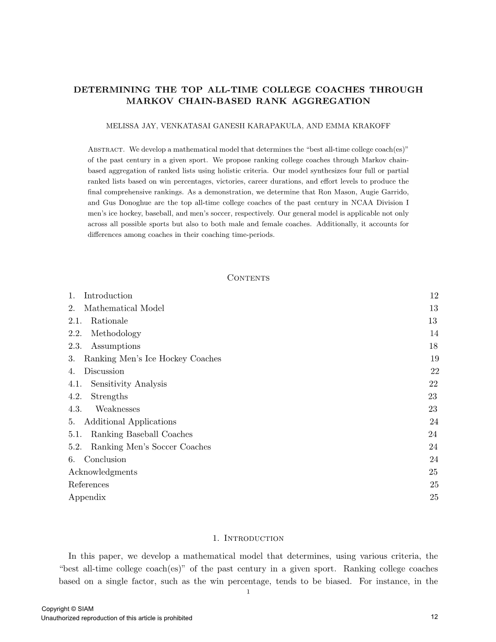 DETERMINING the TOP ALL-TIME COLLEGE COACHES THROUGH MARKOV CHAIN-BASED RANK AGGREGATION Contents 1. Introduction 12 2