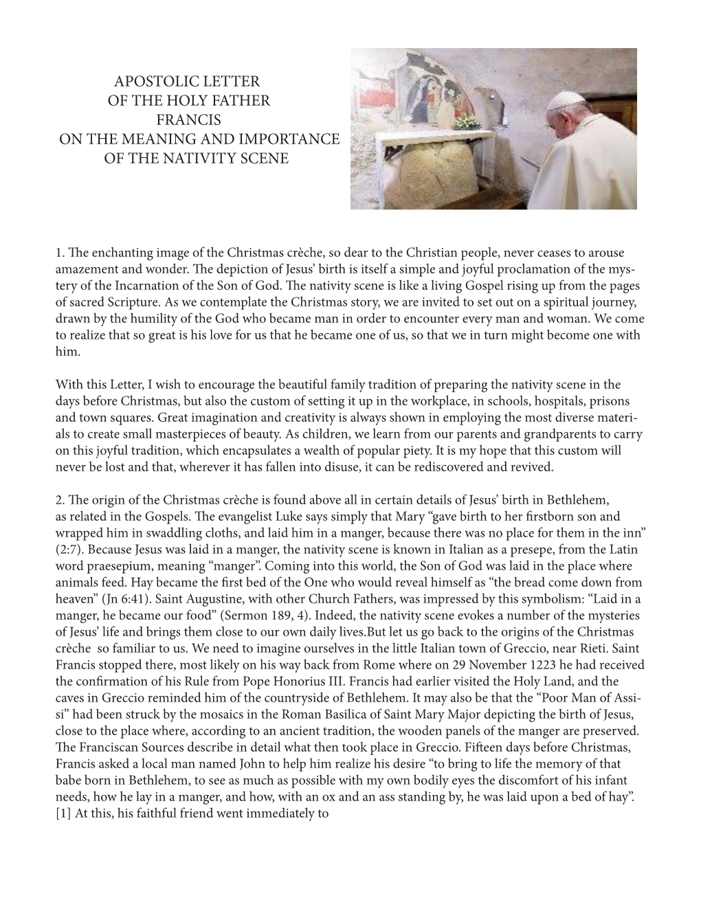 Apostolic Letter of the Holy Father Francis on the Meaning and Importance of the Nativity Scene
