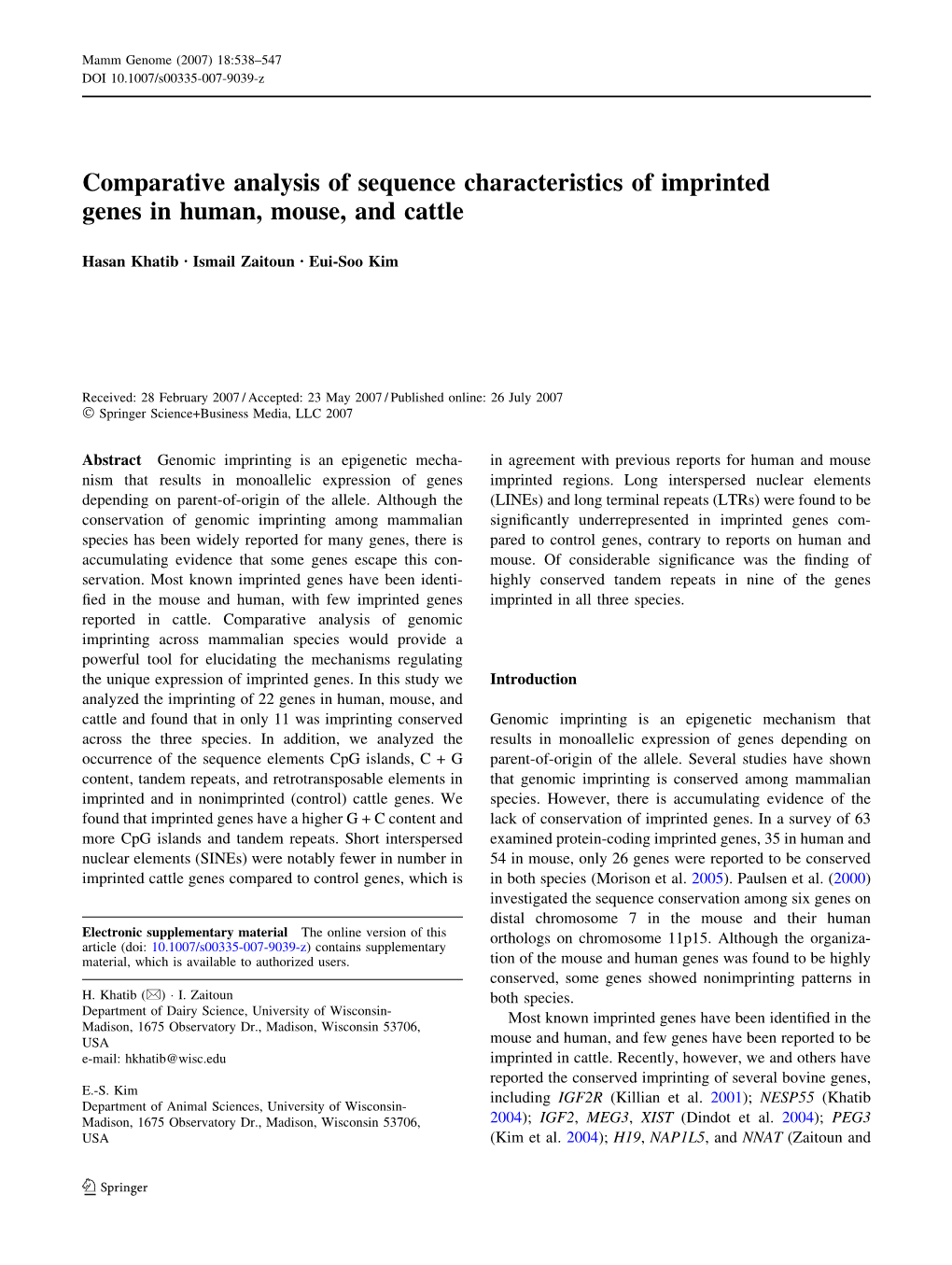 Comparative Analysis of Sequence Characteristics of Imprinted Genes in Human, Mouse, and Cattle