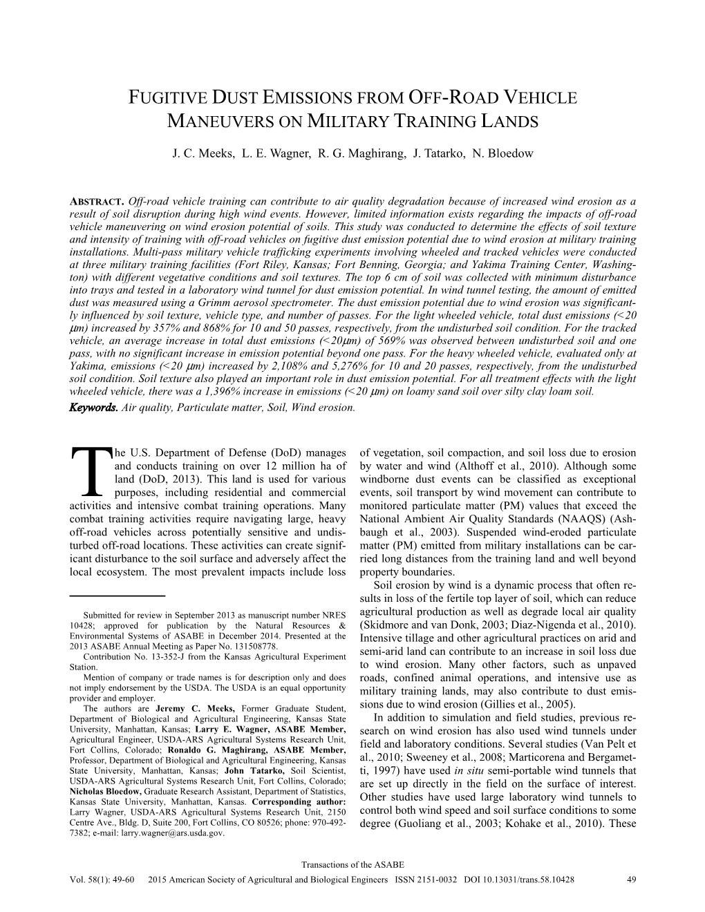 Fugitive Dust Emissions from Off-Road Vehicle Maneuvers on Military Training Lands