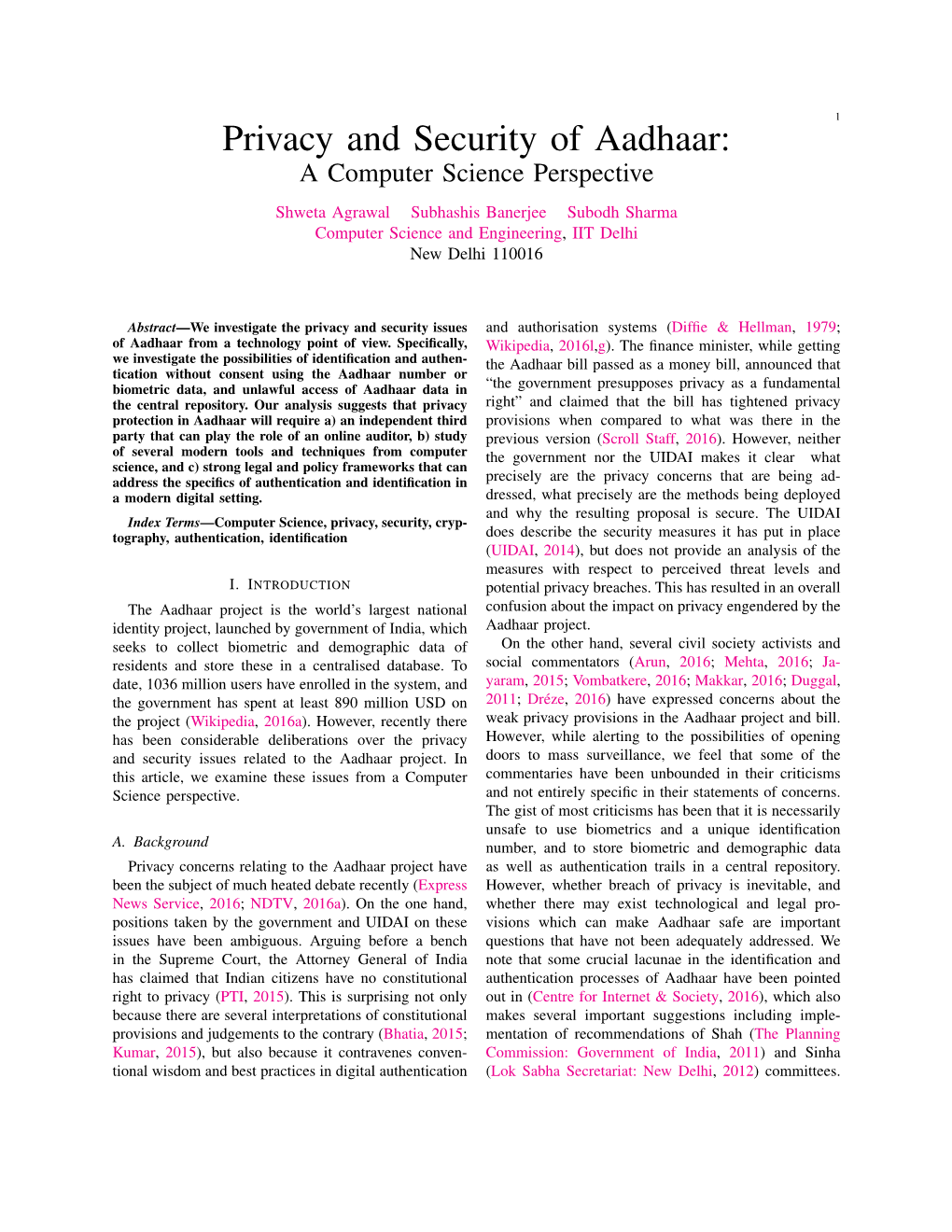 Privacy and Security of Aadhaar: a Computer Science Perspective