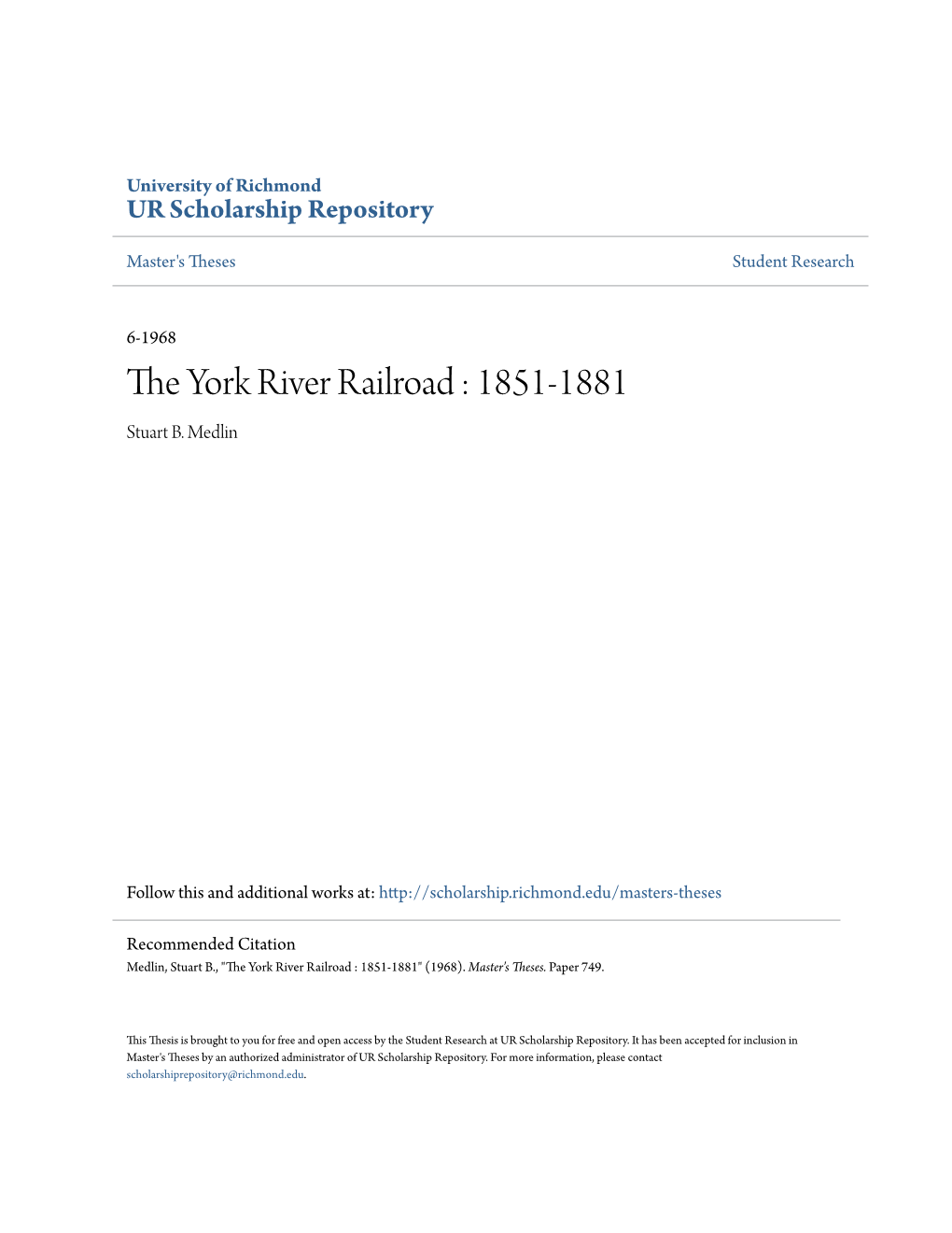 The York River Railroad Waa Developing M~Y Be Asaumed from the Role Two Officials Or the Line Pe~­ .Formed at a Meeting Held in Hiohmond on December A, 1857