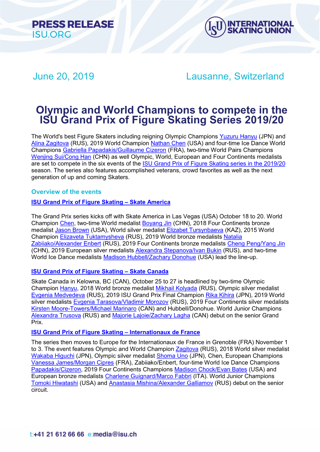 Olympic and World Champions to Compete in the ISU Grand Prix of Figure Skating Series 2019/20