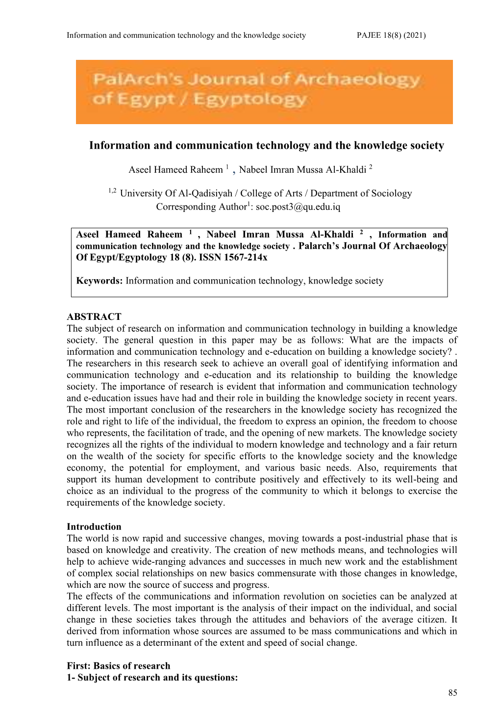 Information and Communication Technology and the Knowledge Society PAJEE 18(8) (2021)