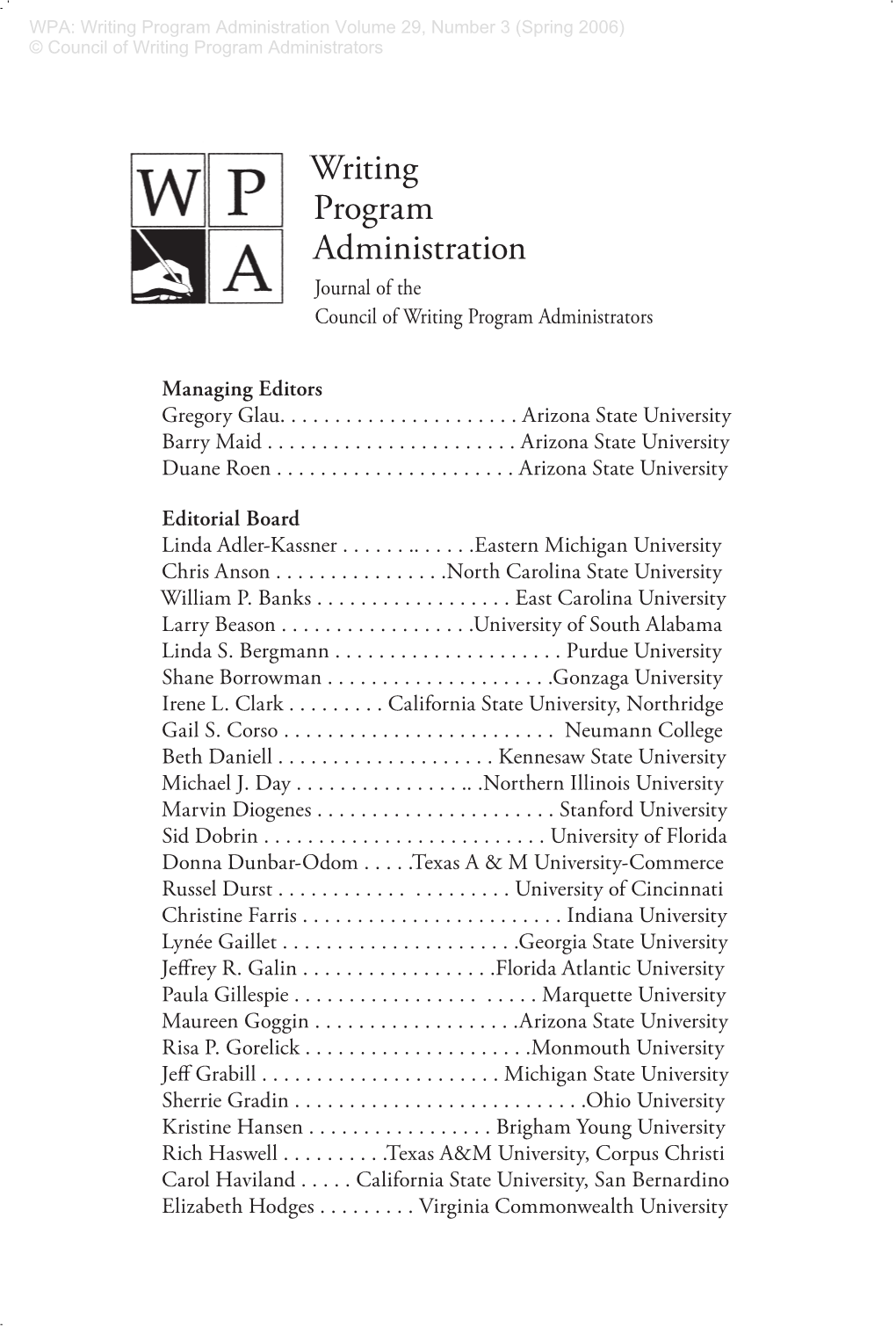 Writing Program Administration Volume 29, Number 3 (Spring 2006) © Council of Writing Program Administrators