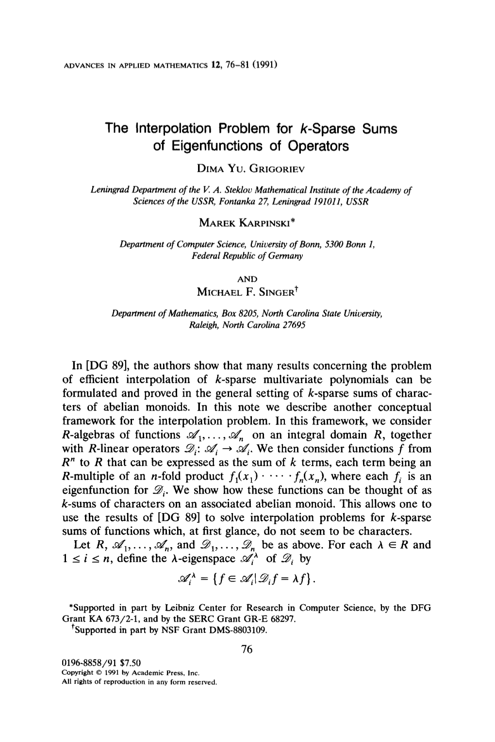 The Interpolation Problem for K-Sparse Sums of Eigenfunctions of Operators