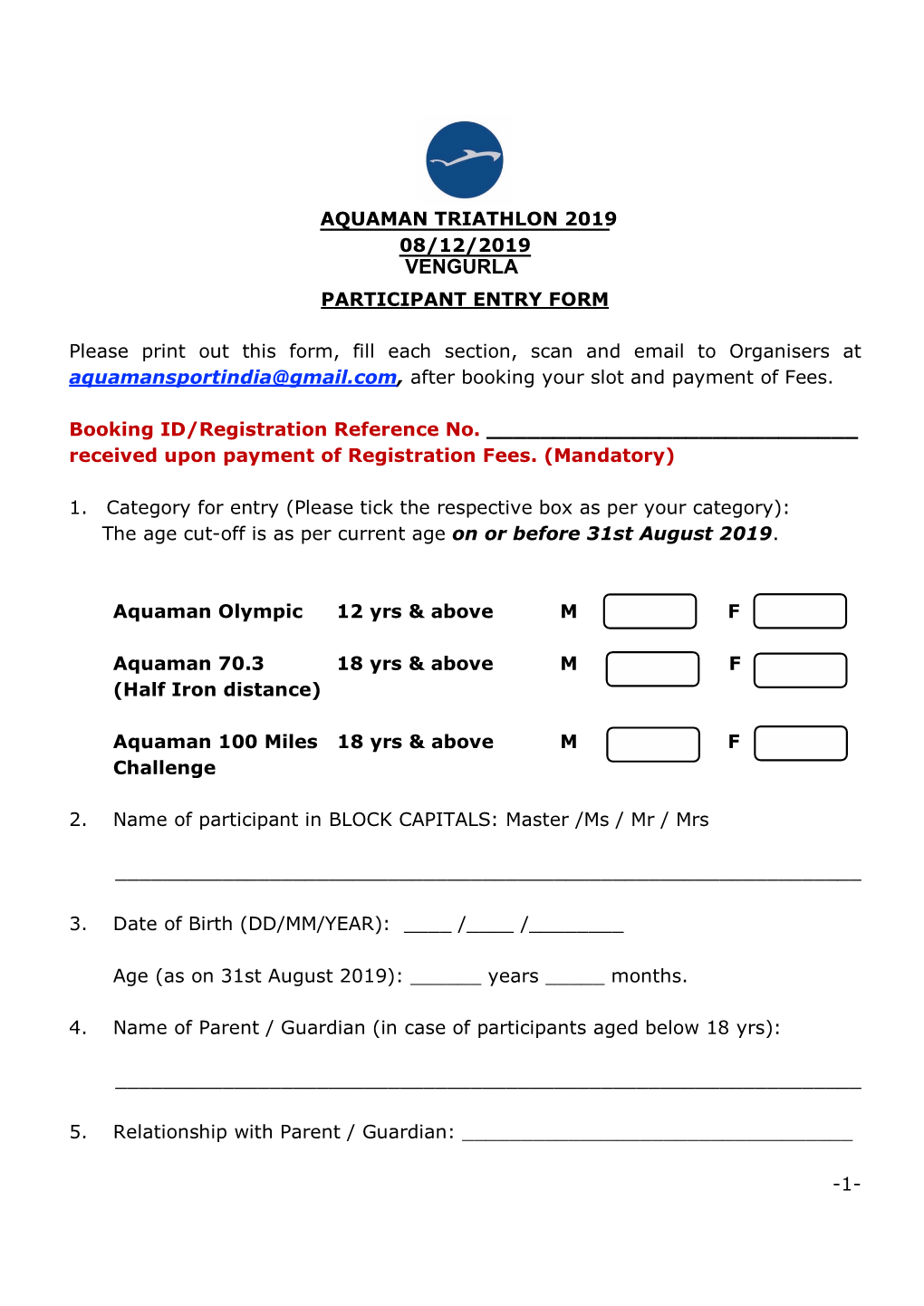 Vengurla Participant Entry Form