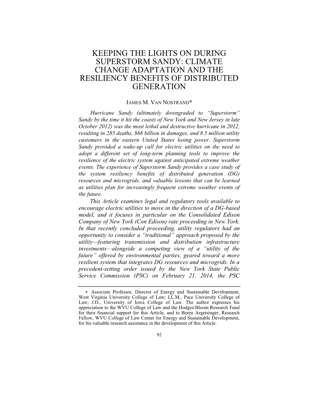 Keeping the Lights on During Superstorm Sandy: Climate Change Adaptation and the Resiliency Benefits of Distributed Generation