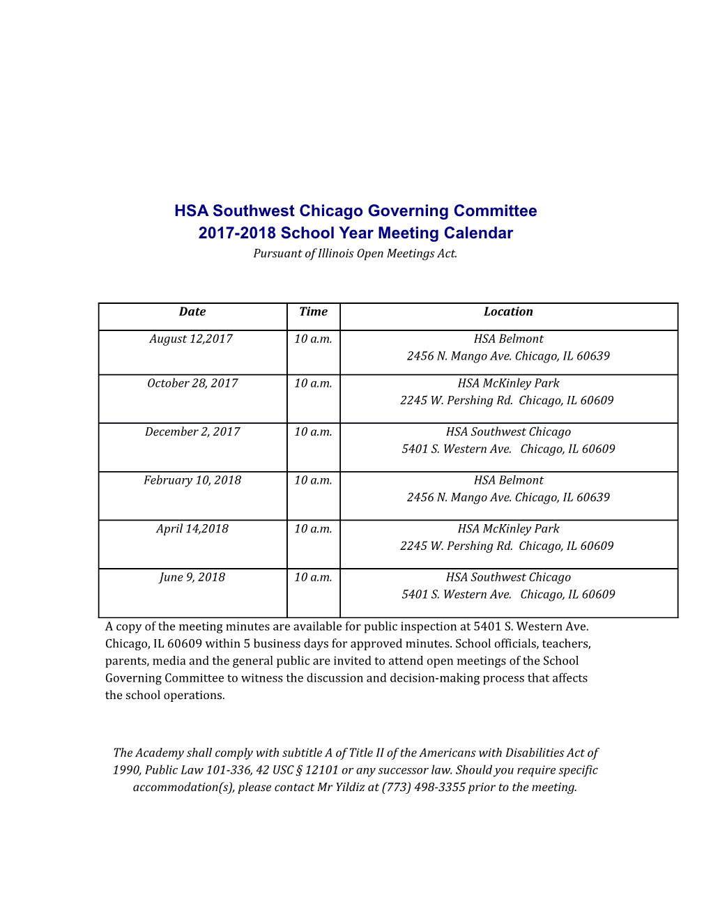 HSA Southwest Chicago Governing Committee 2017-2018 School Year Meeting Calendar Pursuant