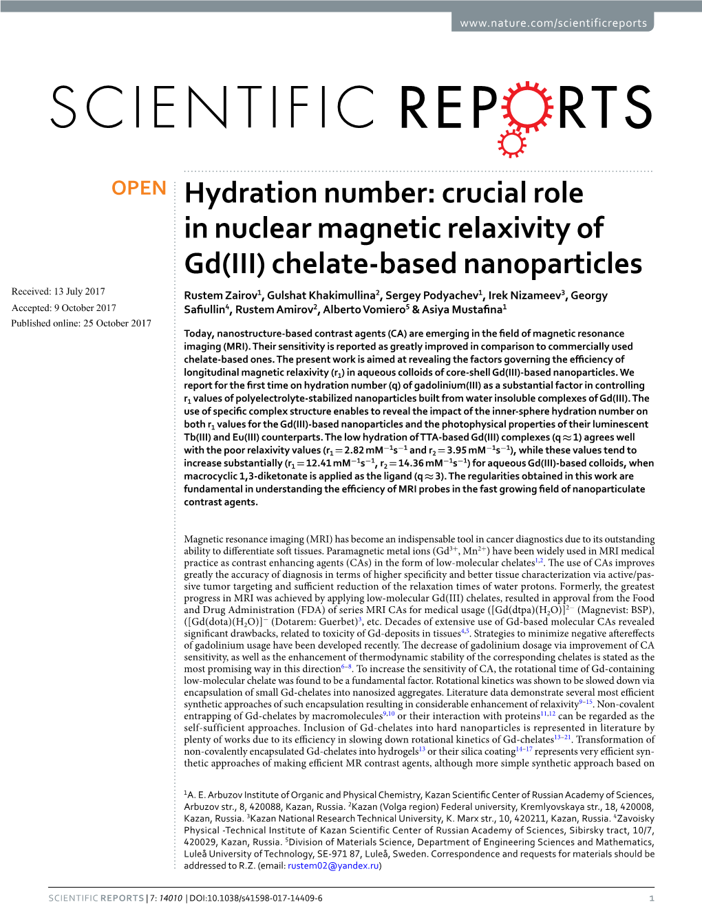 Hydration Number: Crucial Role in Nuclear Magnetic Relaxivity of Gd(III