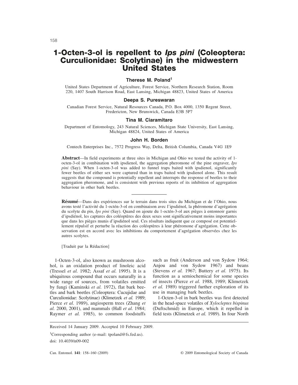 1-Octen-3-Ol Is Repellent to Ips Pini (Coleoptera: Curculionidae: Scolytinae) in the Midwestern United States