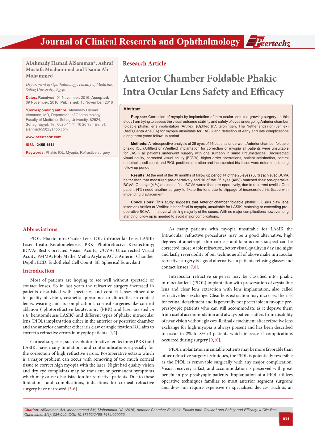 Anterior Chamber Foldable Phakic Intra Ocular Lens Safety and Efficacy