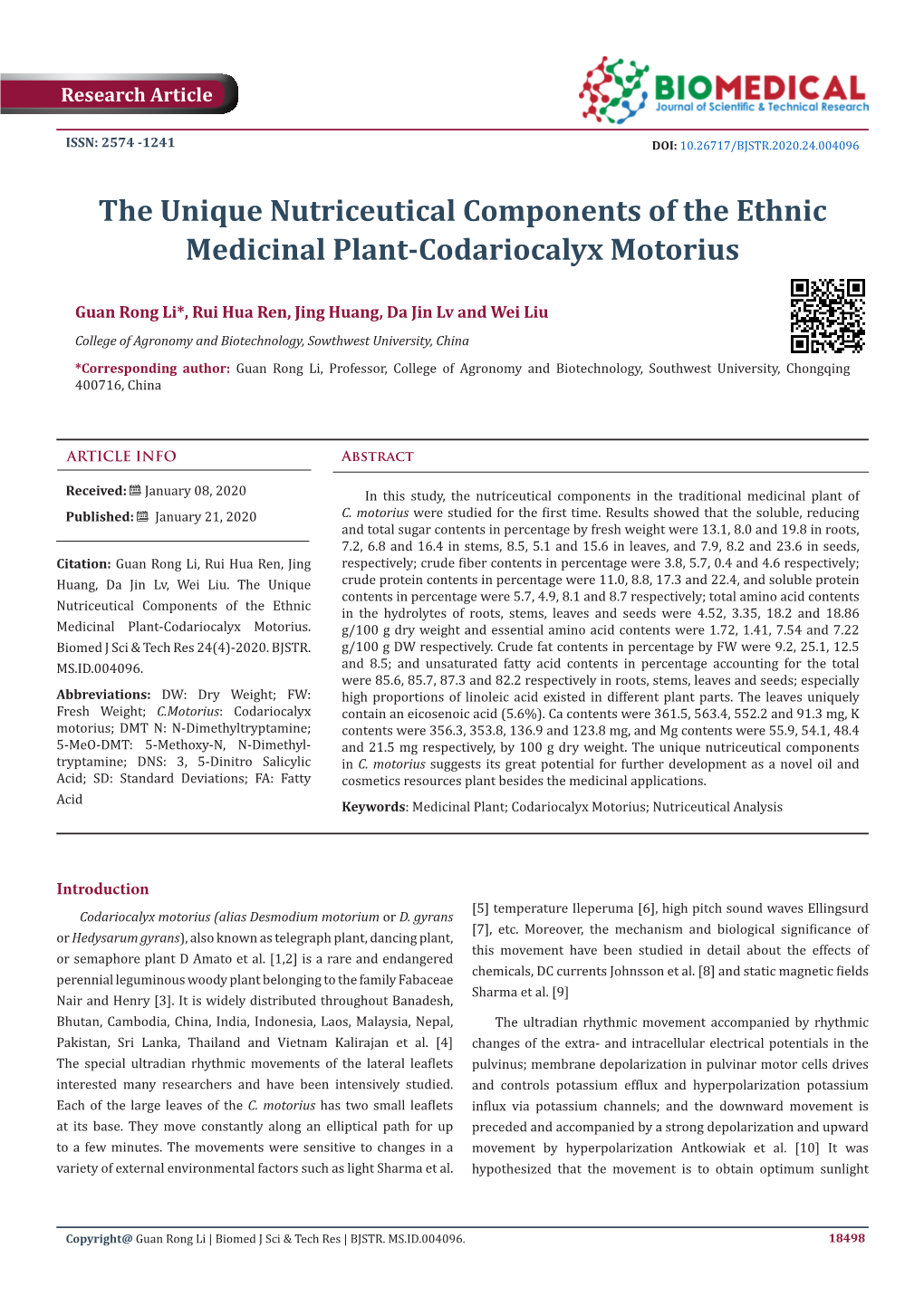 The Unique Nutriceutical Components of the Ethnic Medicinal Plant-Codariocalyx Motorius