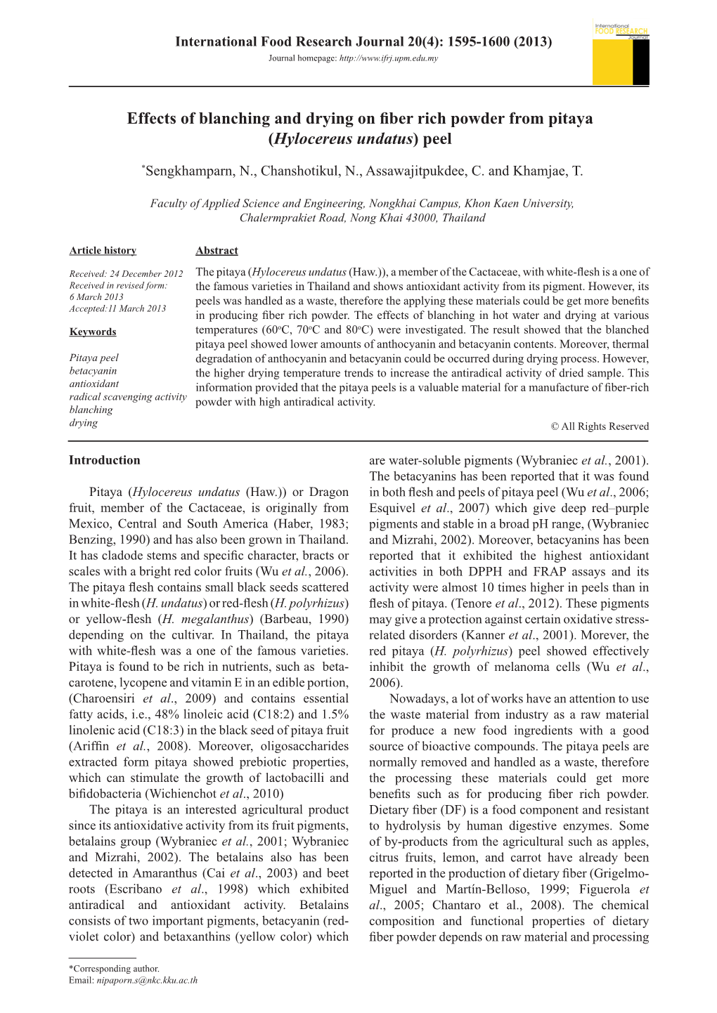 Effects of Blanching and Drying on Fiber Rich Powder from Pitaya (Hylocereus Undatus) Peel