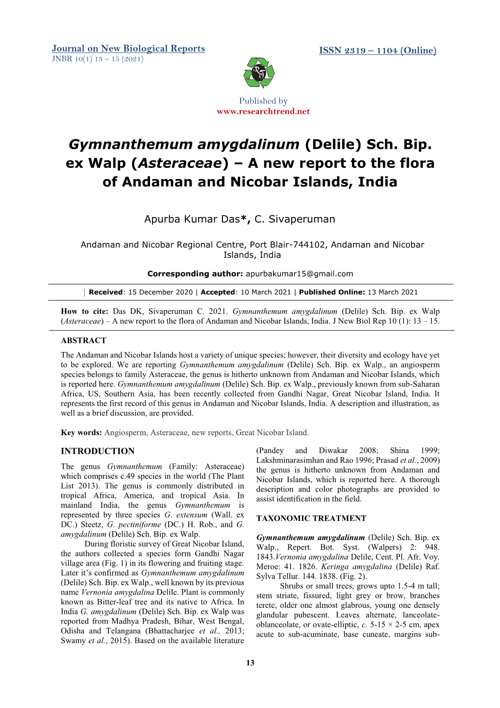 (Delile) Sch. Bip. Ex Walp (Asteraceae) – a New Report to the Flora of Andaman and Nicobar Islands, India