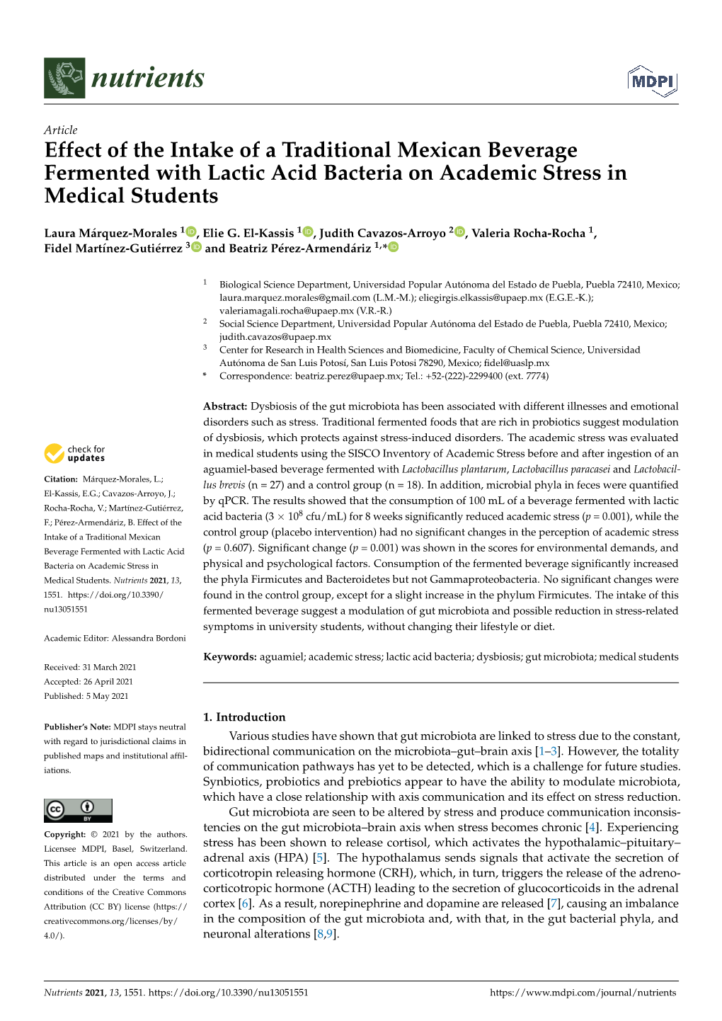 Effect of the Intake of a Traditional Mexican Beverage Fermented with Lactic Acid Bacteria on Academic Stress in Medical Students