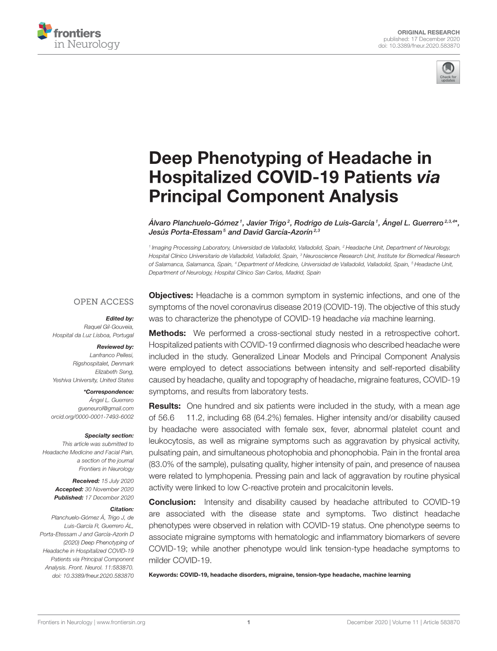 Deep Phenotyping of Headache in Hospitalized COVID-19 Patients Via Principal Component Analysis