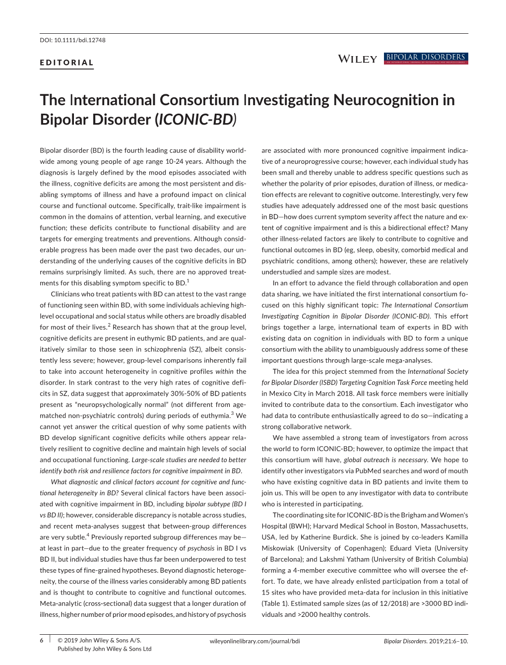 The International Consortium Investigating Neurocognition in Bipolar Disorder (ICONIC‐BD)