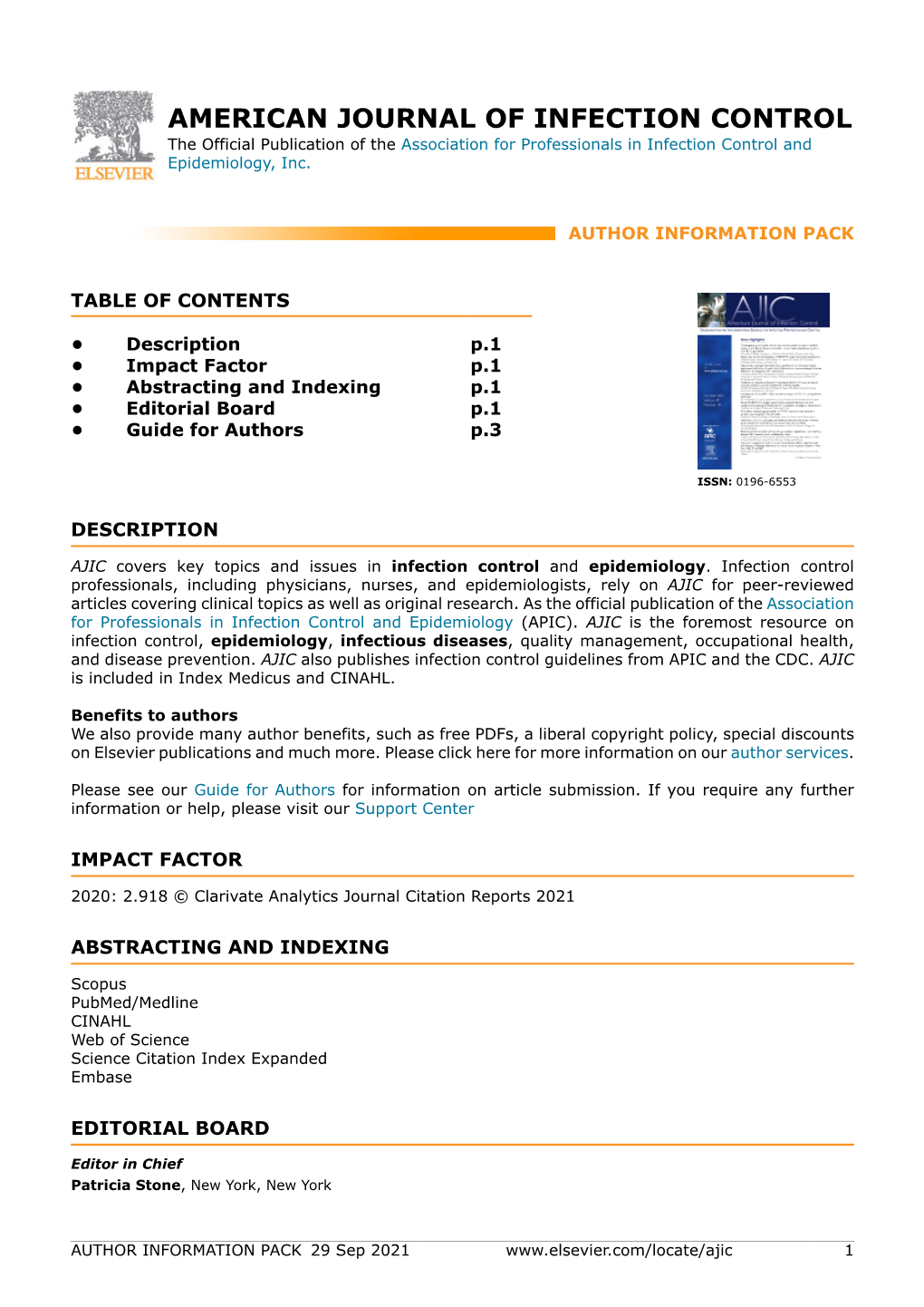 AMERICAN JOURNAL of INFECTION CONTROL the Official Publication of the Association for Professionals in Infection Control and Epidemiology, Inc