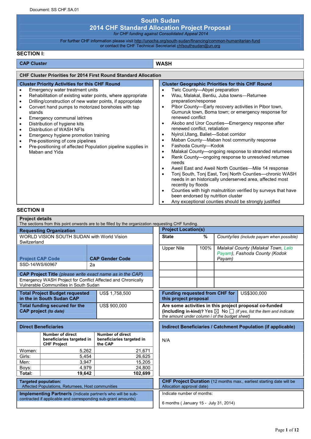 South Sudan 2014 CHF Standard Allocation Project Proposal for CHF Funding Against Consolidated Appeal 2014