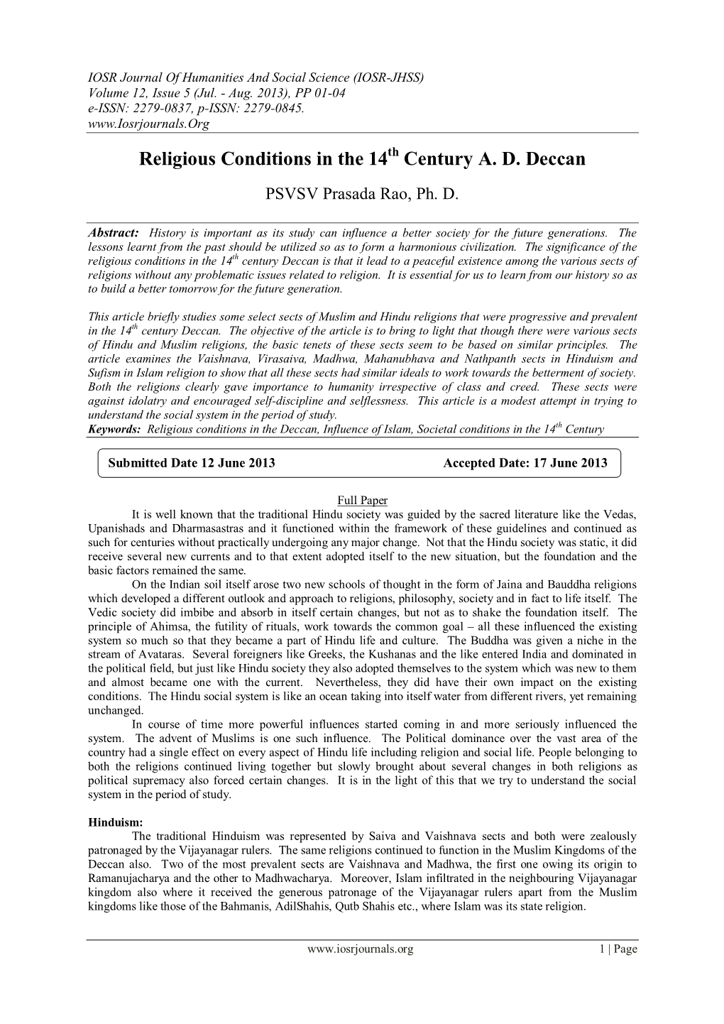 Religious Conditions in the 14 Century A. D. Deccan