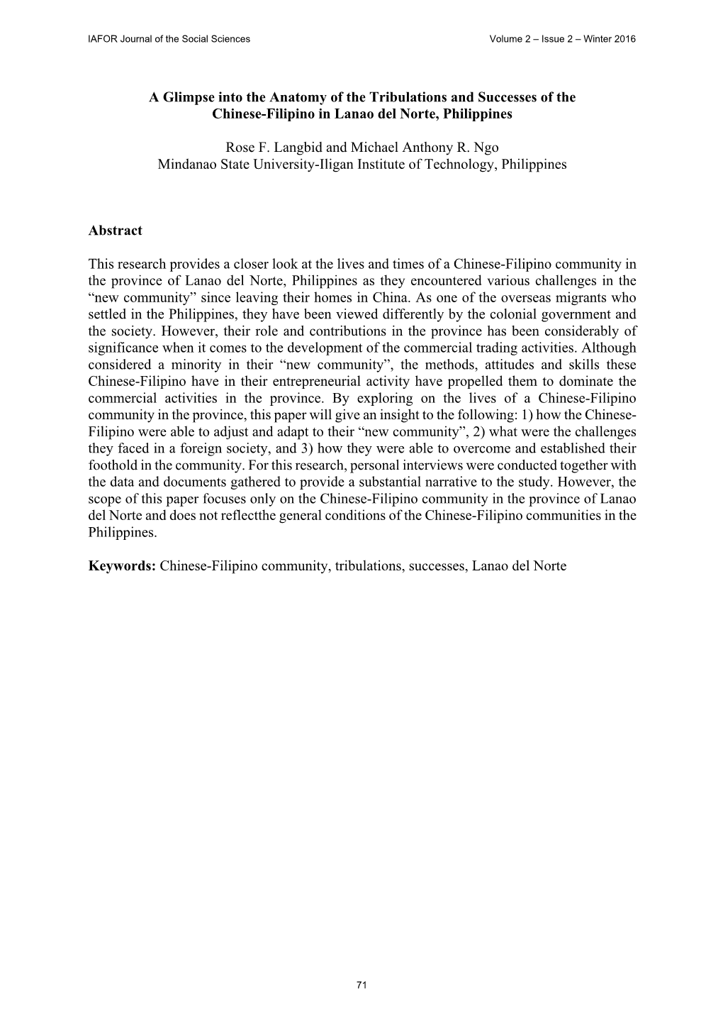 A Glimpse Into the Anatomy of the Tribulations and Successes of the Chinese-Filipino in Lanao Del Norte, Philippines