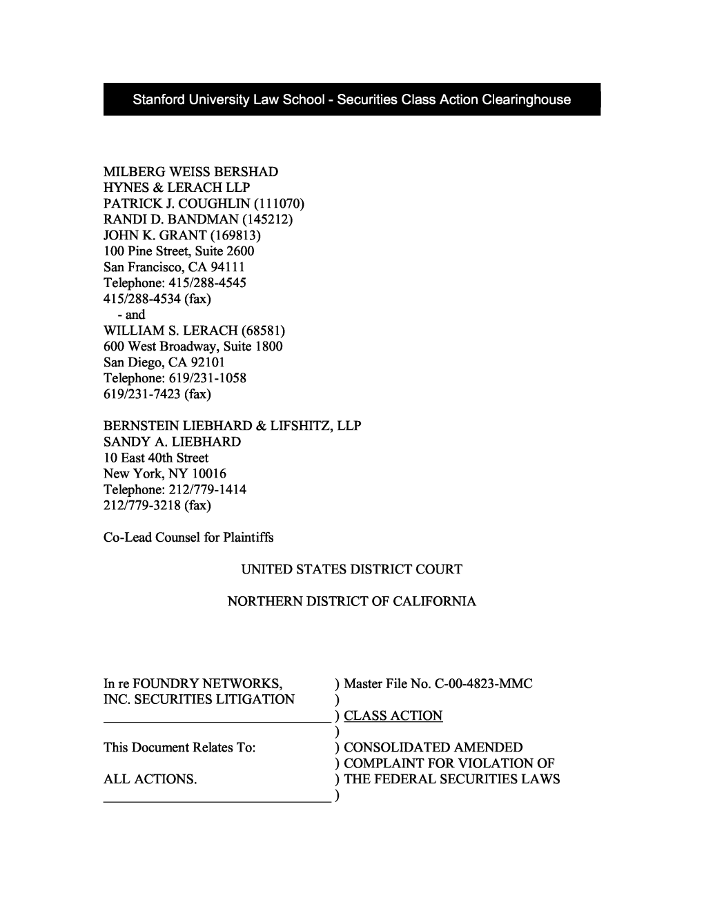 In Re: Foundry Networks, Inc. Securities Litigation 00-CV-4823