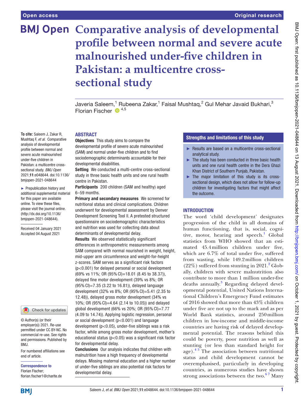 Comparative Analysis of Developmental Profile Between Normal and Severe Acute Malnourished Under-Five­ Children in Pakistan: a Multicentre Cross-­ Sectional Study
