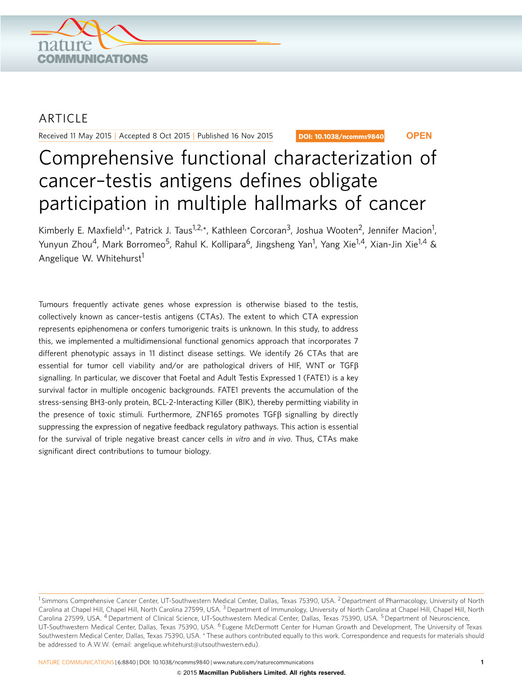 Testis Antigens Defines Obligate Participation in Multiple