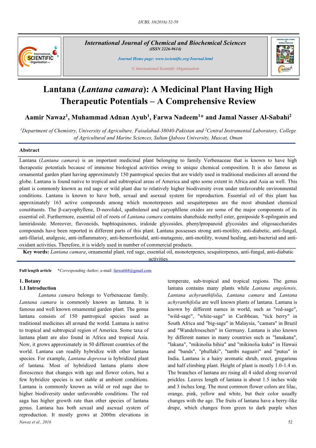 Lantana Camara): a Medicinal Plant Having High Therapeutic Potentials – a Comprehensive Review