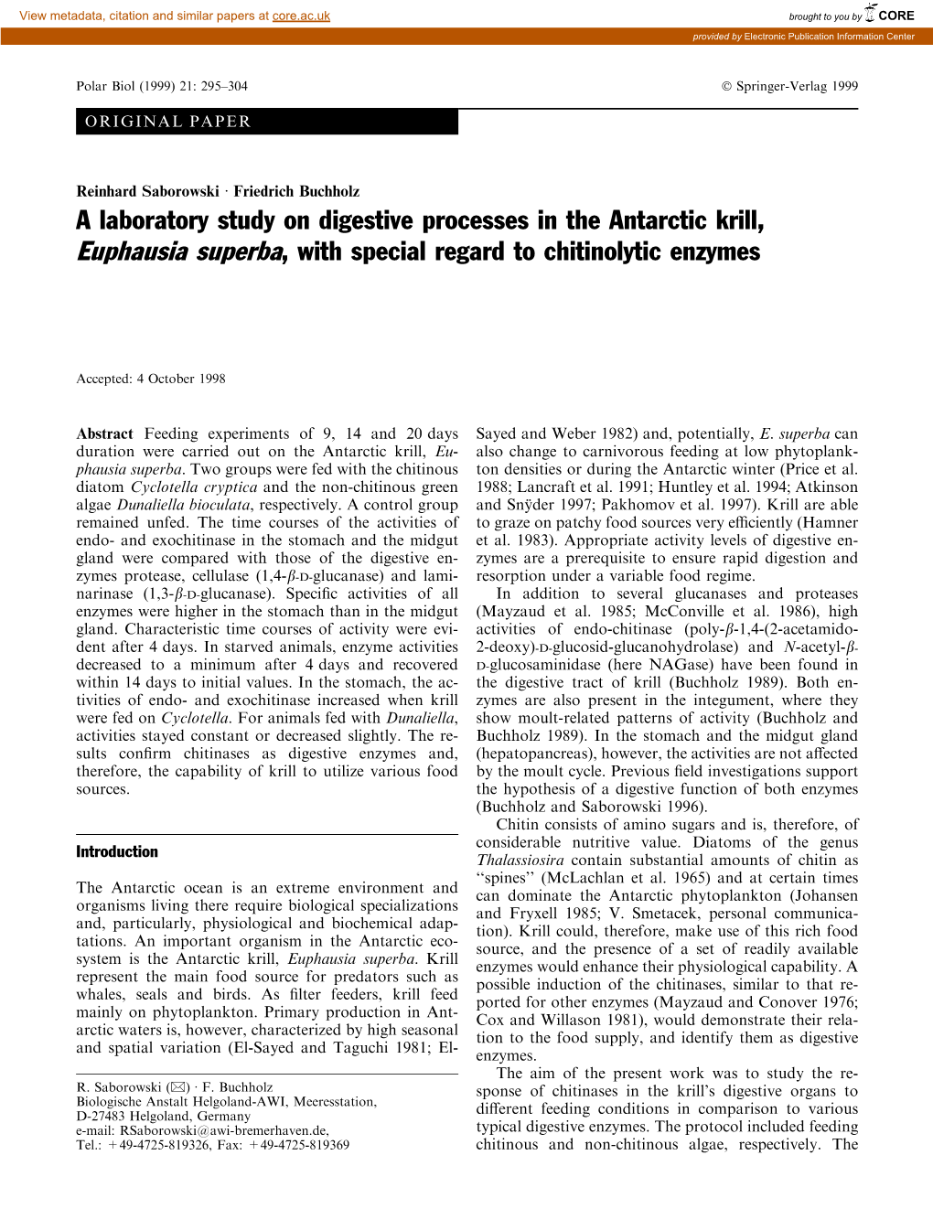 A Laboratory Study on Digestive Processes in the Antarctic Krill, Euphausia Superba, with Special Regard to Chitinolytic Enzymes