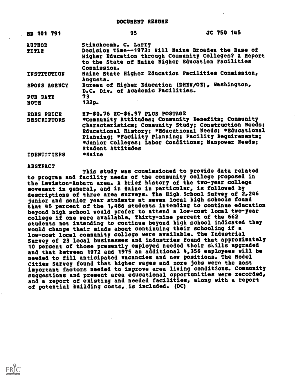 NOTE DOCUMENT RESUME JC 750 145 Stinchcomb, C. Larry Decision