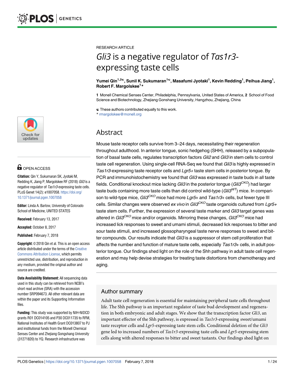 Gli3 Is a Negative Regulator of Tas1r3-Expressing Taste Cells