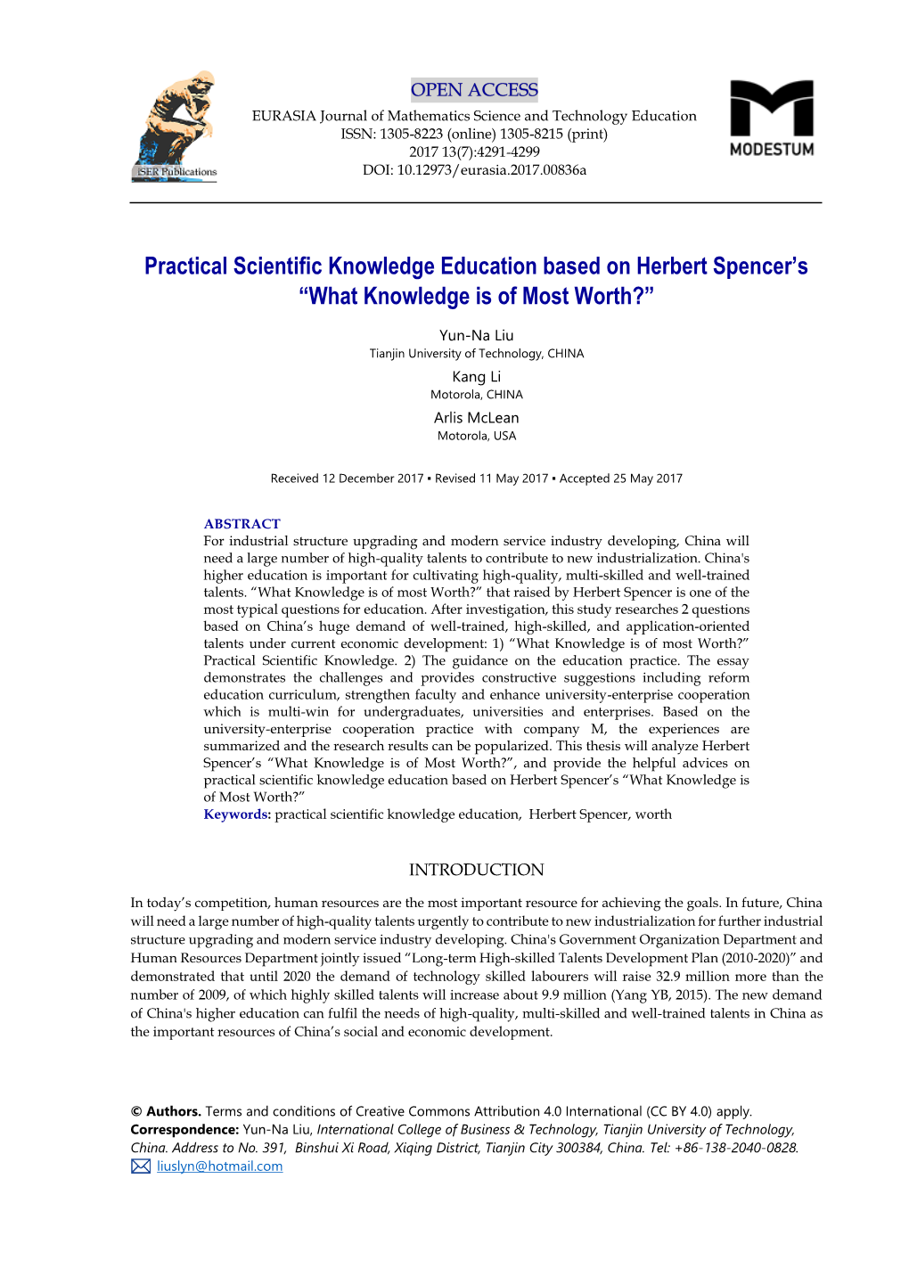 Practical Scientific Knowledge Education Based on Herbert Spencer’S “What Knowledge Is of Most Worth?”