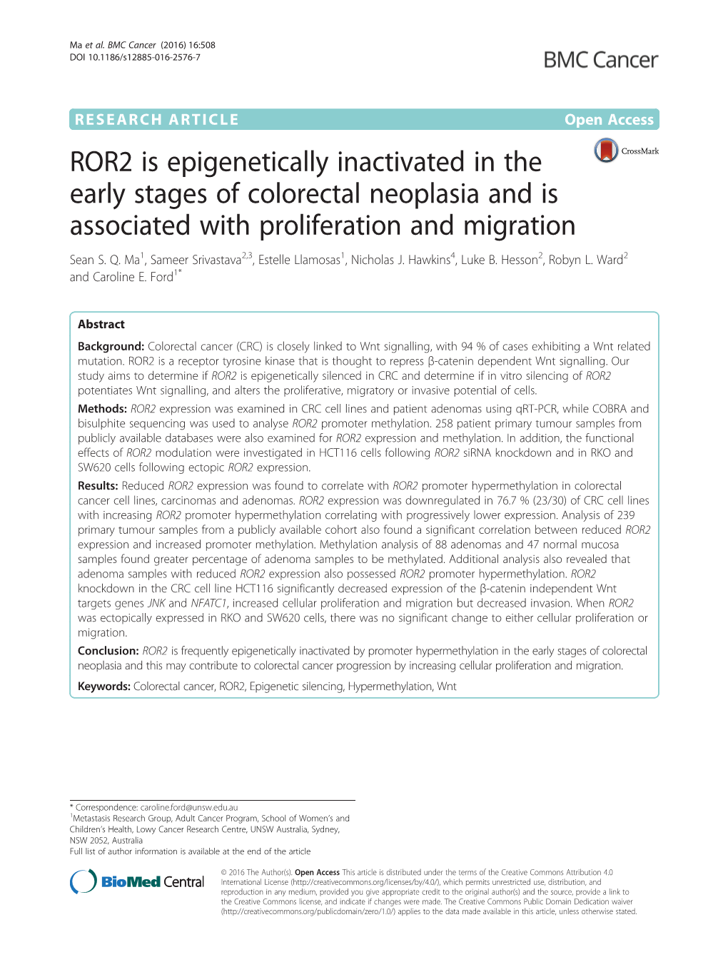 ROR2 Is Epigenetically Inactivated in the Early Stages of Colorectal Neoplasia and Is Associated with Proliferation and Migration Sean S