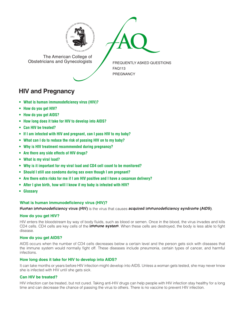 FAQ113 -- HIV and Pregnancy